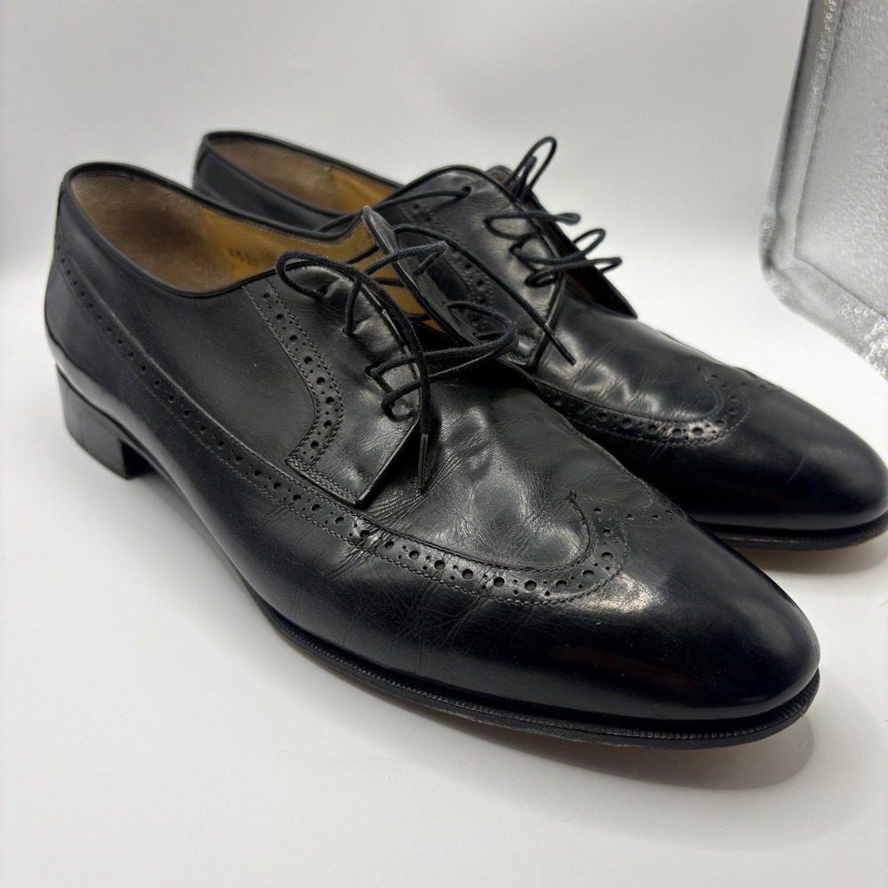 Salvatore Ferragamo Mens Black Leather Wingtip Brogue Oxford Shoes Size 11 C